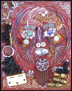 Mosaic art portrait made from found objects by Lynn Bridge in Austin, Texas
