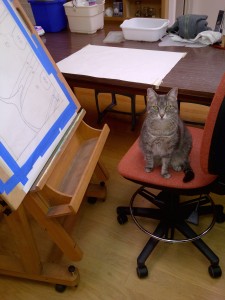 cat sitting in chair in the mosaic studio