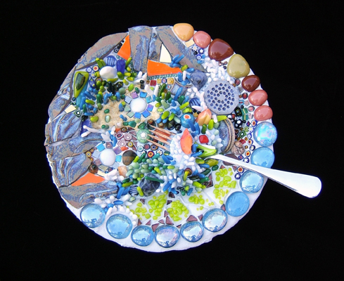 blue-themed ceramic and glass mosaic plate by Lynn Bridge