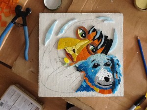 work in progess girl and dog mosaic by Lynn Bridge