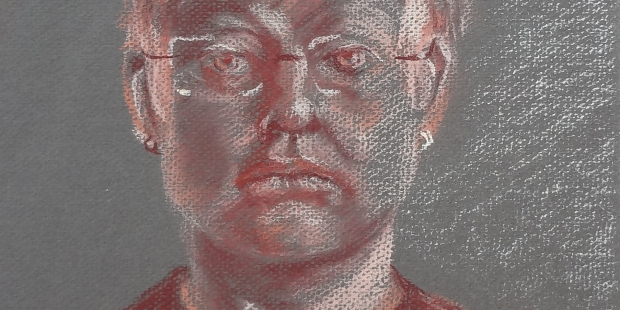 pastel monochrome self-portrait sketch by Lynn Bridge