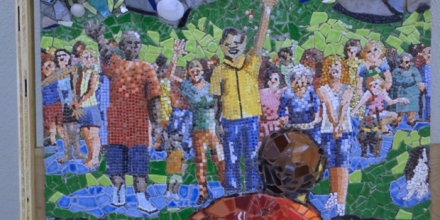 mosaic art wall mural designed by Lynn Bridge and being created by University Presbyterian Church in Austin, Texas, U.S.A.