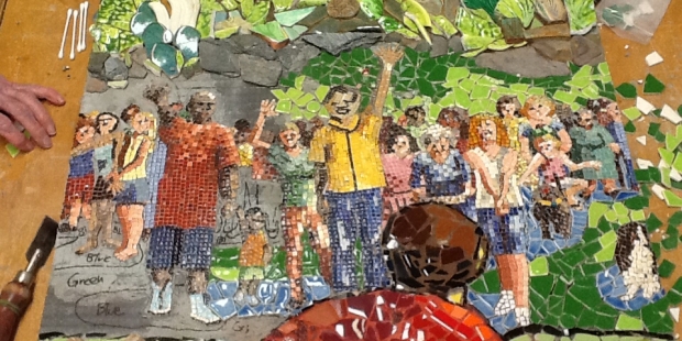mosaic art mural being created by friends and members of University Presbyterian Church in Austin, Texas, U.S.A.