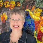 Nina Miller's photographic portrait of Lynn Bridge in front of her mosaic wall in Austin, Texas