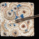 stone and fused glass and chopsticks mosaic plate made by Austin Texas mosaic artist, Lynn Bridge