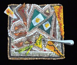 stone and fused glass mosaic plate by Austin Texas mosaic artist, Lynn Bridge